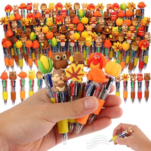 100 Pcs Thanksgiving Multicolor Pen in One Cartoon Cute Fun 4in1 Cute Pens Bulk Kawaii Maple Leaves Pumpkins Scarecrows and Turkeys Shape Cool Ballpoint Pens for Kids Fun Gifts