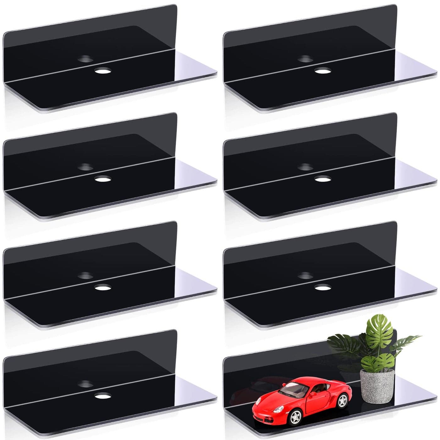 Maitys 8 Pcs Acrylic Floating Shelves 9 Inches Adhesive Wall Mounted Shelves No Drill Hanging Acrylic Wall Display for Living Room Bathroom Bedroom Kitchen OfficeBlack