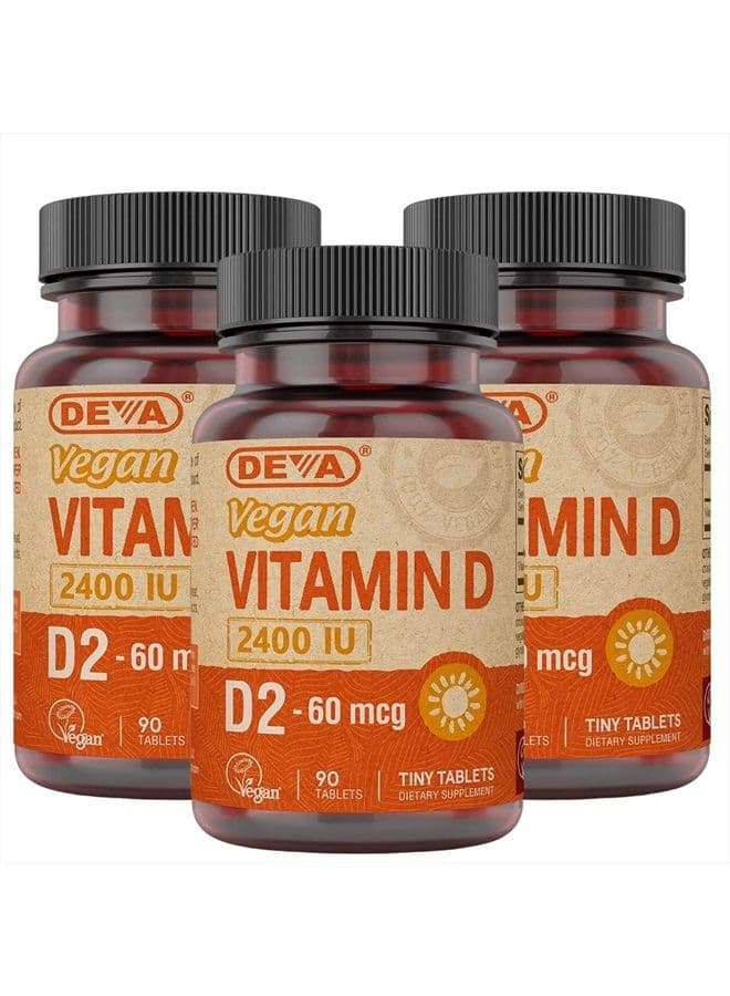 Vegan Vitamin D2 60 mcg 2400 IU, Ergocalciferol Supplement with No Animal Ingredients, 90 Tablets, 3-Pack