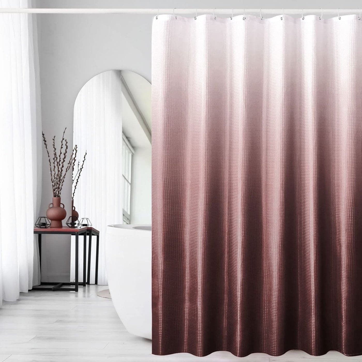 Gibelle Burgundy Fabric Shower Curtain Ombre Shower Curtains for Bathroom Waffle Weave Textured Shower Curtain Set with Hooks Water Repellent and Machine Washable 72 x 72
