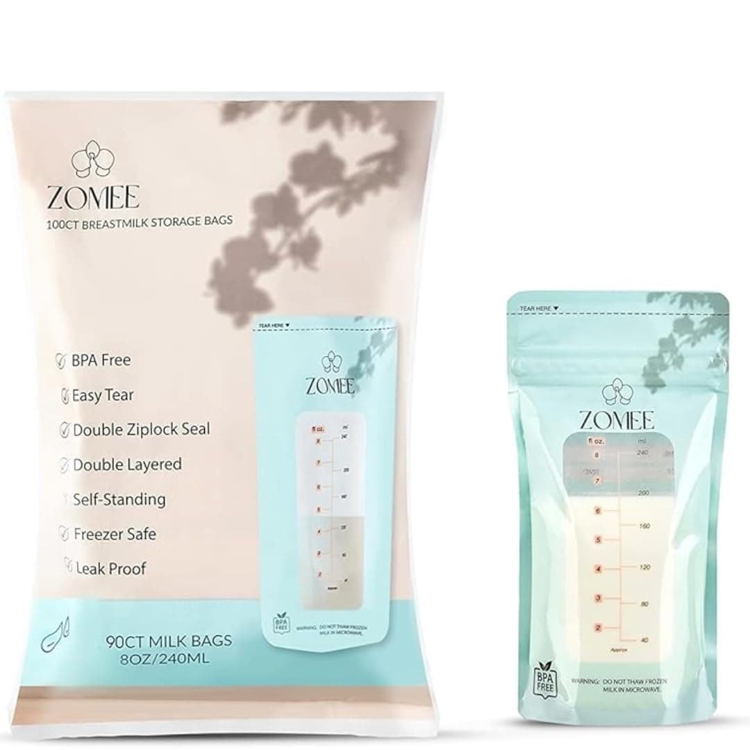 Zomee Disposable 8 oz Breast Milk Storage Bags wDouble Zipper Seal Count LeakProof SelfStanding Breast Milk Storage Solution for Fridge or Freezer Mutiple Count Packs Pack of 90