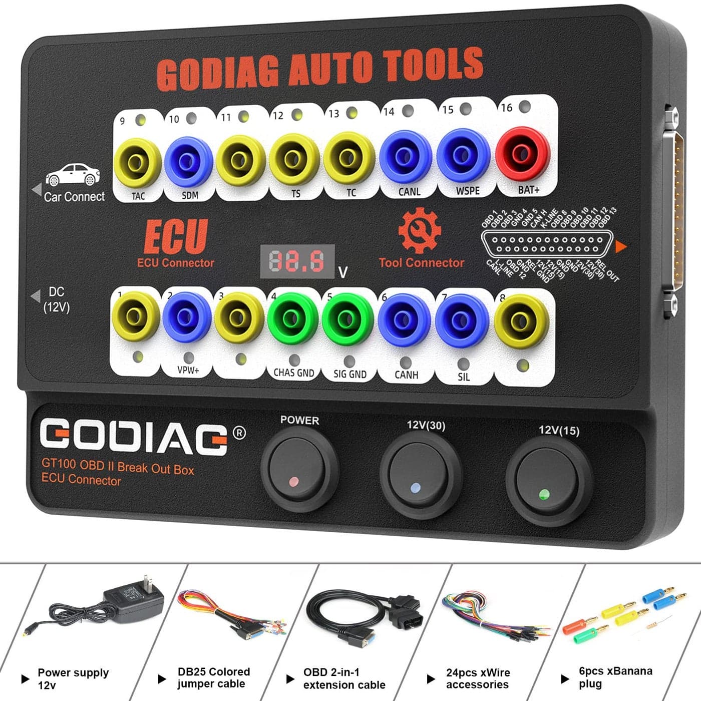 GODIAG GT100 Automotive Tools OBD II Breakout Box ECU Connector with OBD Main Line MultiFunction Jumper for Check Engine Support LED Indicator and Lookup
