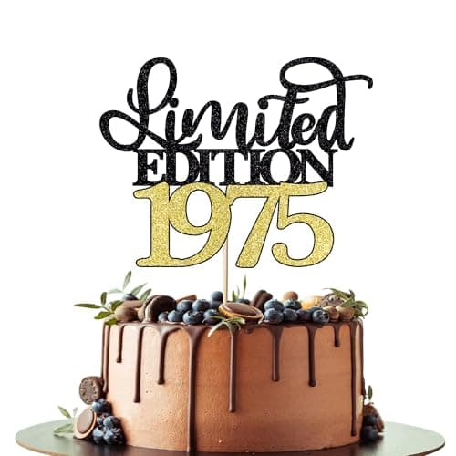 Leetaivie Limited Edition 1975 Cake Topper, Happy 50th Birthday Cake Topper, Men and Women Cheer 50 Years /50 & Fabulous Cake Decoration, Black Gold Glitter 50th Birthday Party Decoration Supplies