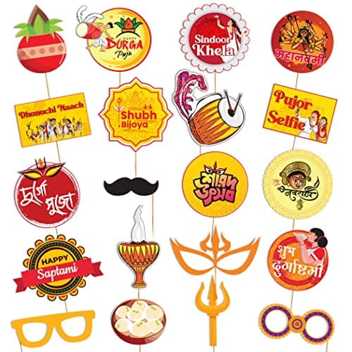 Festiko® 20 Pcs Durga Puja Photobooth Props, Durga Puja Decoration, Navratri Festival Decoration, Puja Party Supplies