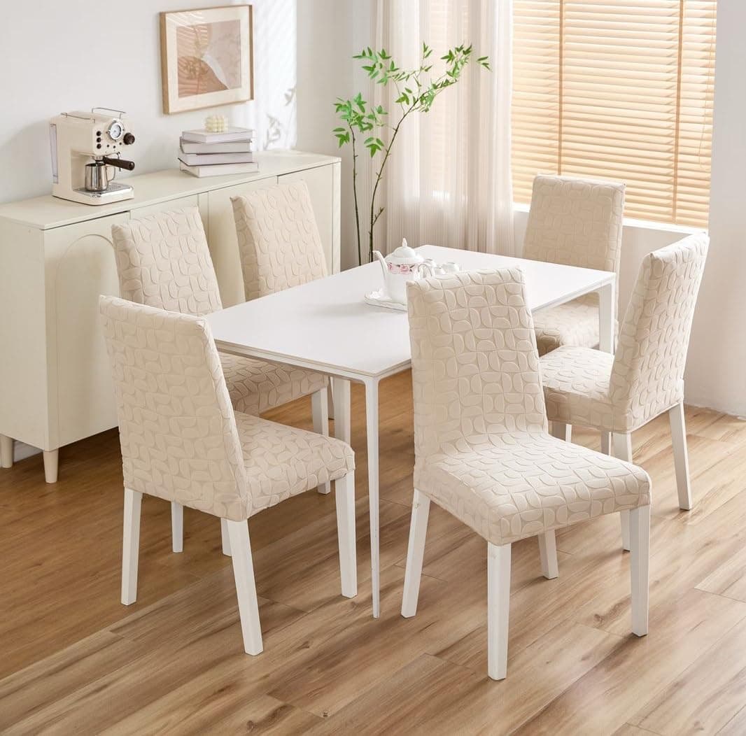 HOMETHREADS Stretchable Elastic Jacquard Chair Seat Cover – Removable & Washable, Durable Seat Protector for Dining Room, Kitchen, Restaurant & Party Chairs (Cream, Pack of 4)