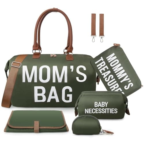 printe 6pcs Large Diaper Bag Tote with Changing Pad 2 Organized Pouches Moms Bag for Hospital with Pacifier Case Straps Stroller Hook Baby Diaper Bag for Weekender Travel Olive Green