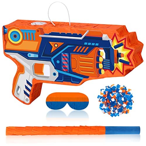 Toy Gun Piata Large Dart Theme Party Supplies Gun Shape Piata with Stick Blindfold Confetti Pack Dart Piata for Boys Girls Birthday Party Game Favors Decor 17x10 Inch