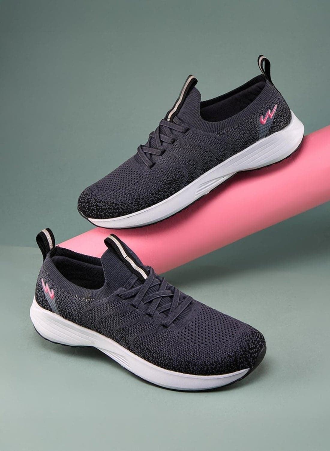Women’s Grey Comfort Sneakers – Stylish Knit Pattern Shoes with Pop of Pink Accent