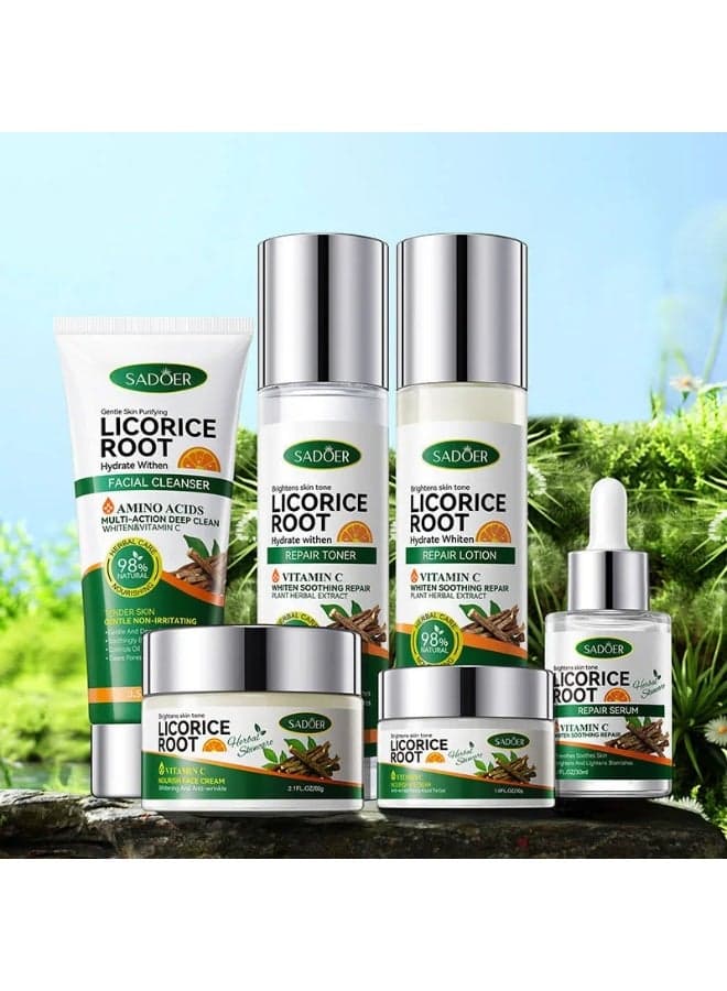 Herbal Licorice Root Skincare Gift Set by SADOER, Full 6-Piece Vitamin C Brightening and Whitening Kit for Deep Skin Hydration, Repair and Glow, Natural Extracts for Soothing, Anti-Aging, Smooth Texture and Even Tone, Ideal Daily Facial Care Set