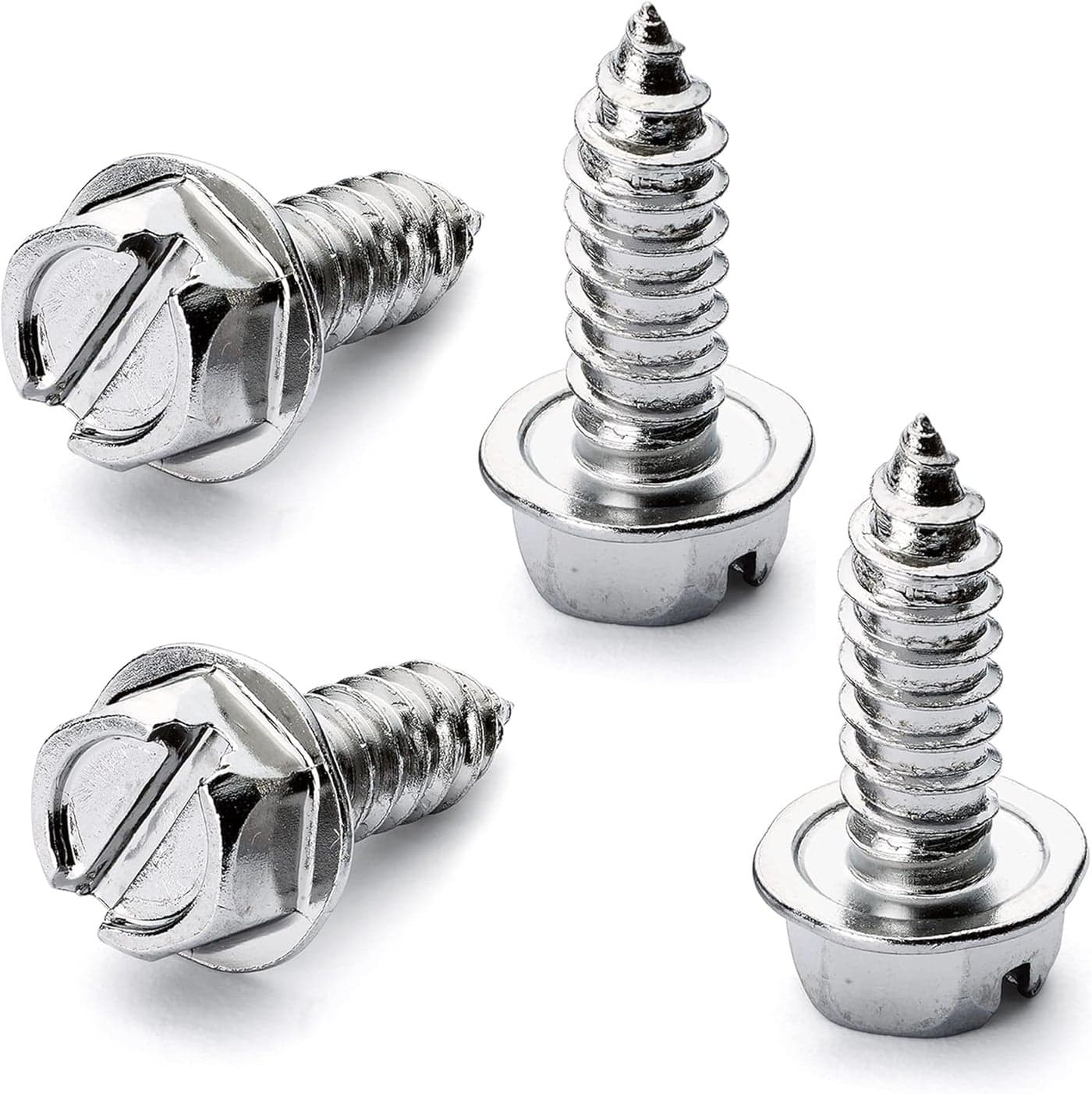 Chrome License Plate Screw Kit - Set of 4 Stainless Steel Fasteners for License Plates, Frames, and Covers on Domestic Cars, Trucks, Vans, SUVs - Rustproof, Self Tapping Mounting Bolts (Chrome Plated)