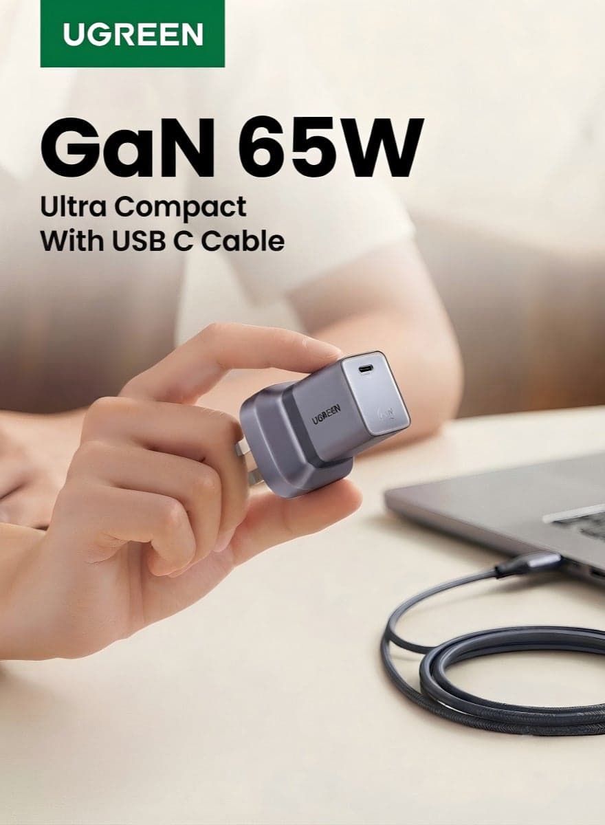 Air 65W USB-C Charger with Cable Pocket GaN Type C Charger with Foldable Pin, Fast Charging Adapter, V0 Flame Retardant Charger Head for iPhone 17 16 Pro Max, Samsung S26 S25 Ultra, iPad Pro (Grey) 65W+Cable Compact Grey