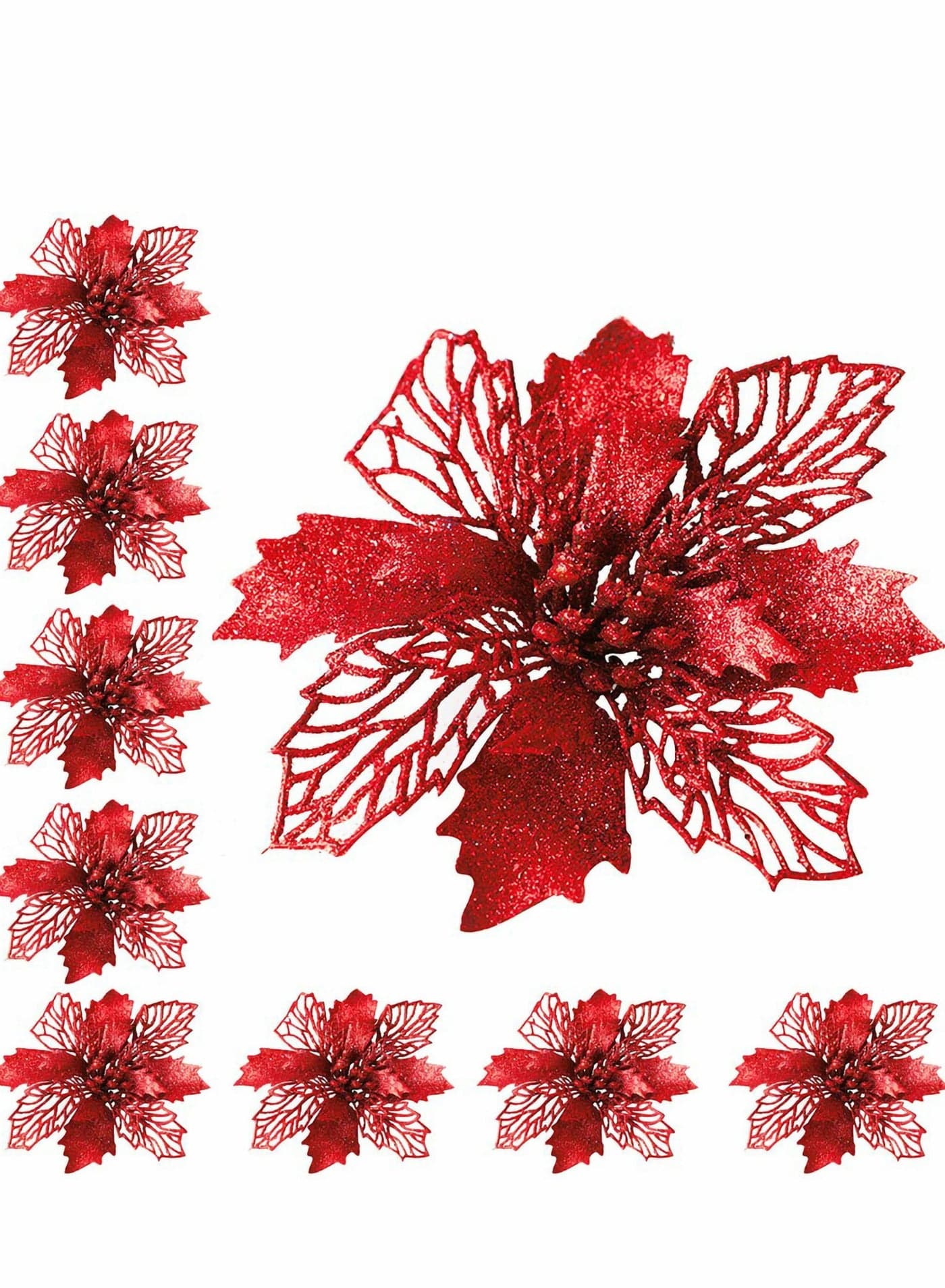 Glitter Poinsettia Flowers Artificial, 10 Pcs Red Decorations Tree Ornaments for Holiday/Seasonal/Wedding Party Wreath DIY Decors
