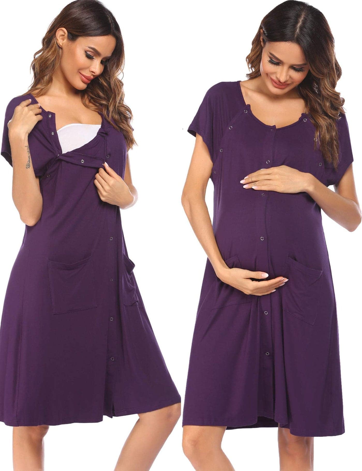 Ekouaer 3 in 1 Labor/Delivery/Hospital Gown Nursing Dress Maternity Nightgown Sleepwear for Breastfeeding with Button S-XXL Purple