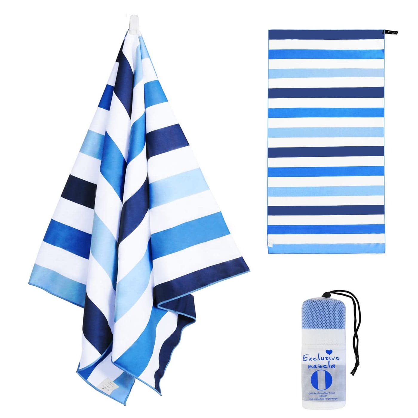 Exclusivo Mezcla Oversized Quick Dry Beach Towel Microfiber Sandfree Cabana Stripe Pool Bath Swim Towel with Bag Lightweight and Thin Blue 35x70 Inches