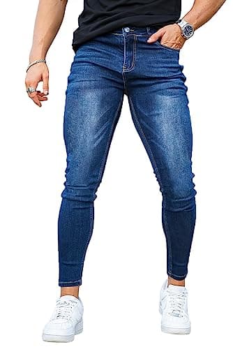 GINGTTO Skinny Jeans Men Slim Fit Stretch Elastic Waist Jeans Pants (34, Blue)