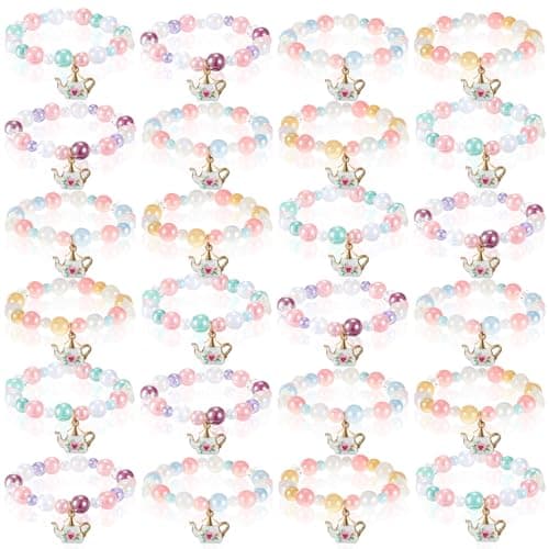 Ecally 24 Pcs Tea Party Favors Bracelet Bulk Tea Pot Beaded Bracelet Gift Party Supplies Pot Pendant Accessories Decorations for Kids Girl