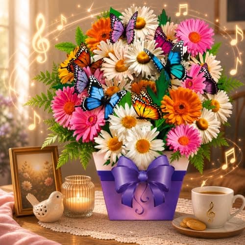 APOTODITO Birthday Card Butterfly Cards with Music and Light Flower Bouquet Card Birthday Gifts for Mom Women Wife Sister daisy and butterfly