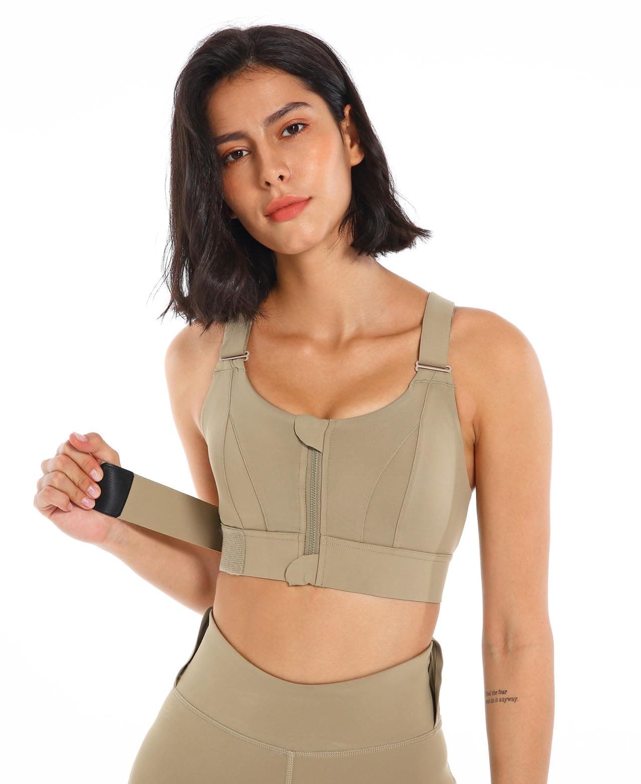 PLUMBURY Women's Padded Front Zip Plus Size Full Coverage High Support Velcro Adjustable Sports Bra for Workout Gym, Size XL, Army Green