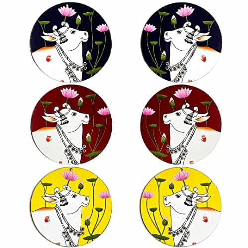 ADIKALA™ Multicolour Pichwai Cow MDF Right Left Face Base Round Shaped Cutout Design for Diwali | Dussehra | Rangoli | Pooja | Festival Gift | Wedding Decorations Set of 6