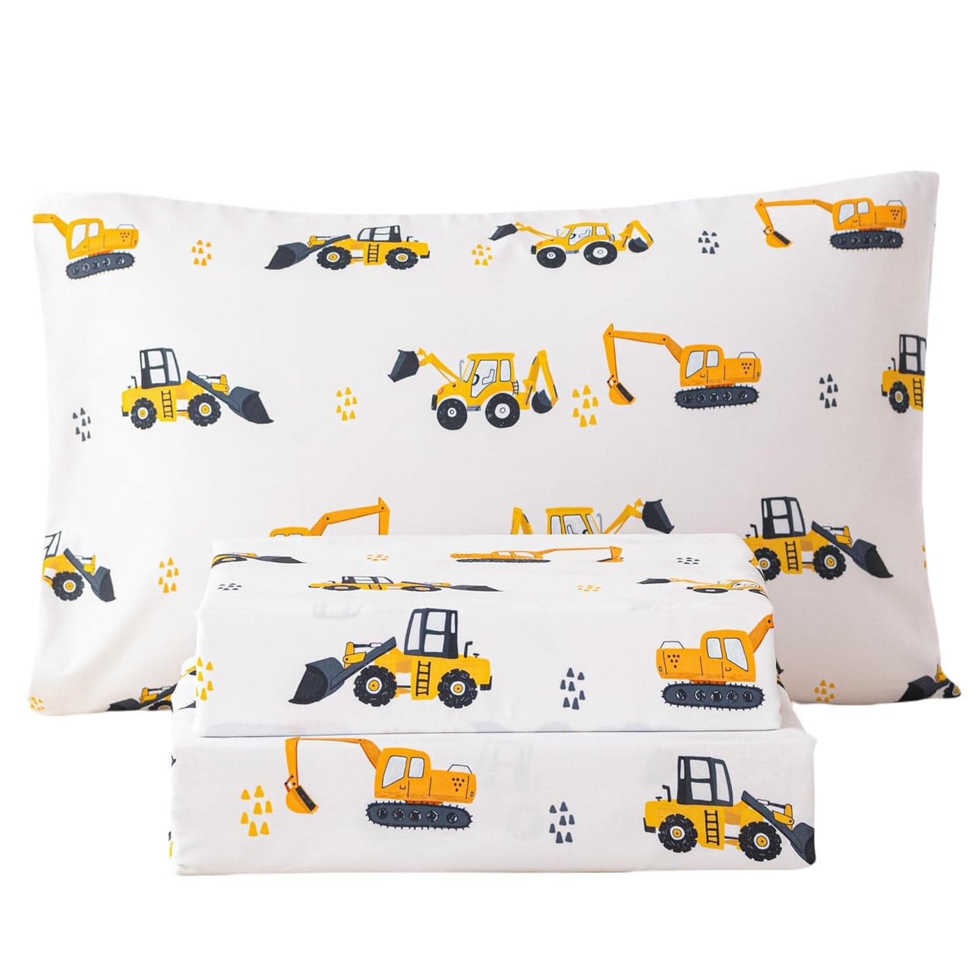 WINLIFE Kids Sheet Set Twin Size 3 Pieces Yellow Excavator Car Printed Microfiber Bedsheets Deep Pocket Easy Fit Soft Wrinkle Resistant Boys Sheets