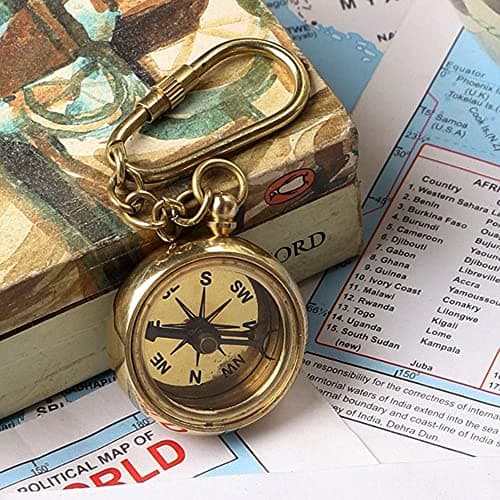 Ximdeco Brass Antique Nautical Vintage Style Ross London Compass Key Chain Showpiece (Golden)