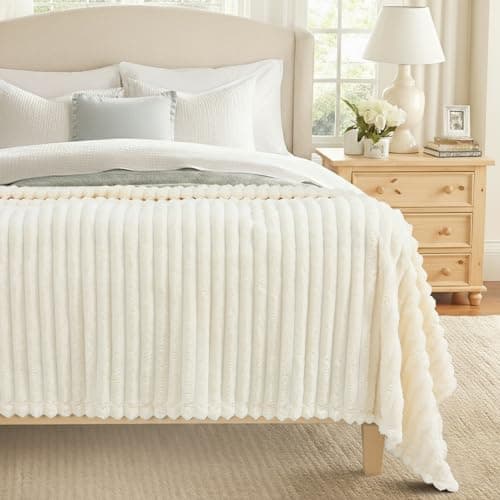 decorUhome Soft Fleece Cream White Blanket King Size for Bed, Cozy Fluffy Plush Flannel Large Striped Throws for Couch Sofa, Lightweight Decorative Fuzzy Blanket for Woman, 108x90 Inches