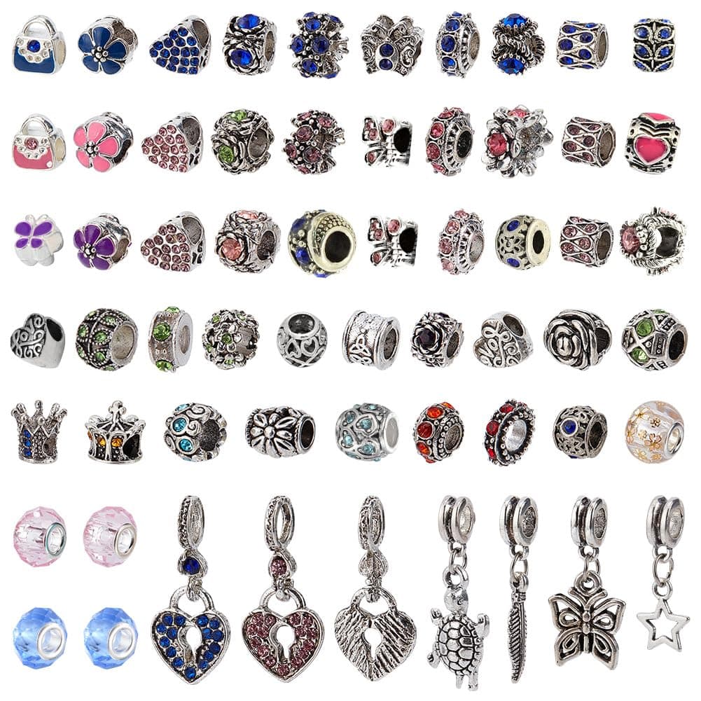 PH PandaHall 60 Styles Large Hole European Lampwork Beads Murano Glass Beads Rhinestone Spacers Metal Dangle Pendant Charms for Snake Chain Bracelet Bangle Necklace 60pcs