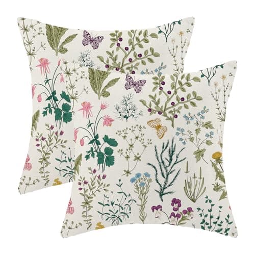 AEIOAE Spring Pillow Covers 18x18 Inch Set of 2,Sage Green Teal Wild Flower Plant Throw Pillows Case,Seasonal Floral Outdoor Decorative Linen Farmhouse Decor Cushion Covers for Home Sofa Bed Couch