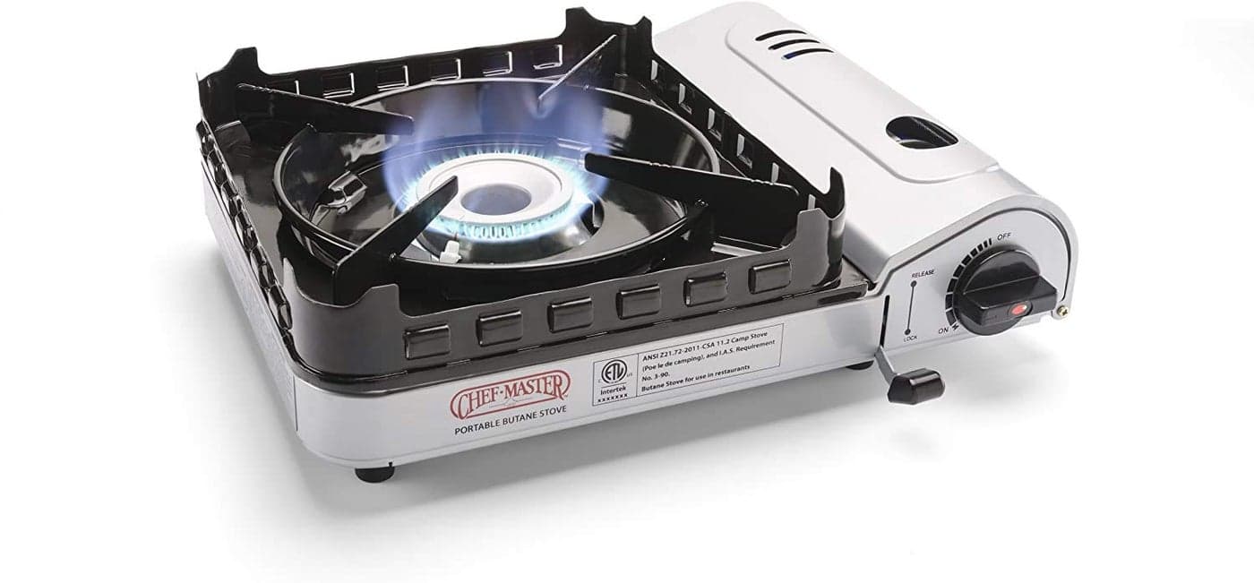 Chef Master 15,000 BTU Output Portable Butane Camping Stove, Peizo Click Ignition, Double Wind-Guard Portable Stove Burner for Emergencies, Tailgating, Hiking, Backpacking & Camping Essentials - 90019