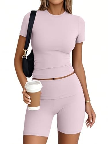 Trendy Queen 2 Piece Summer Cute Workout Sets Gym Short Set Pilates Yoga Outfits Going Out Spring Athletic Comfy Active Wear BabyPink M