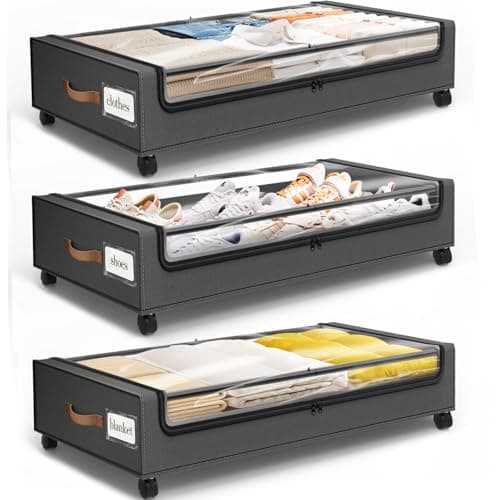 SpaceHacks Under Bed Storage with Wheels 3Pack Storage Containers with Clear Window&Label Under Bed Drawers Rolling Under Bed Storage for Clothes,Shoes, Blankets (30.71 x 16.93 x 6.69 in, Dark Grey)