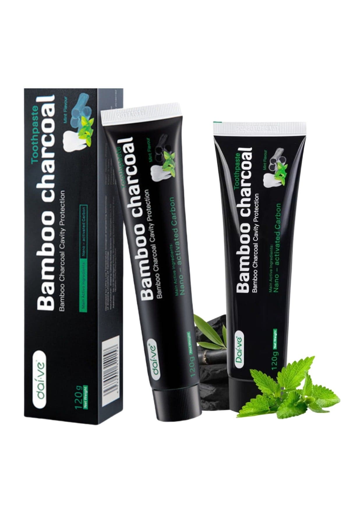 2-Pack Bamboo Charcoal Whitening Toothpaste, Natural Ingredients Activated Carbon For Fresh Breath & Remove Coffee Stains, Fluorine-Free, Mint Flavour 120g*2