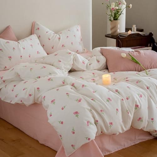 Erwinmu Floral Comforter Set Queen Size 3 Pieces Pink White Floral Comforter Bedding Sets Tulips PatternQueen Bed in a Bag with Heart Comforter and 2 Pillowcases