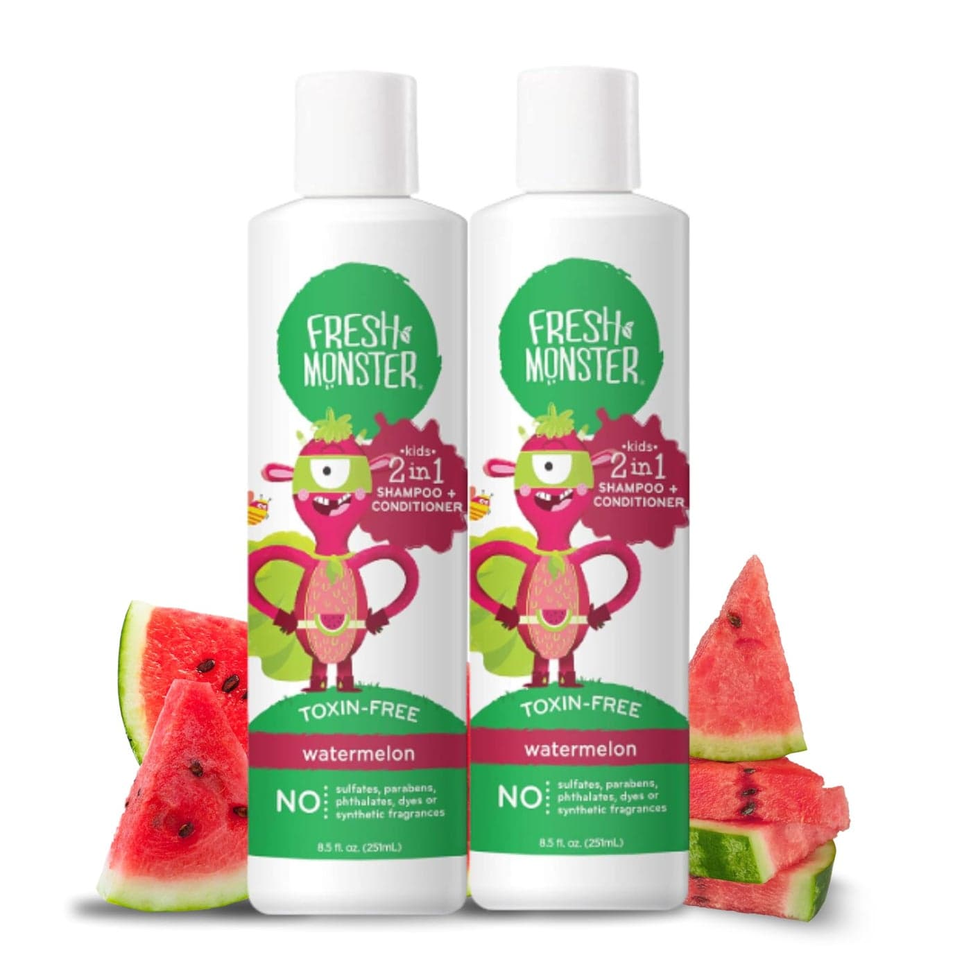 Fresh Monster 2in1 Kids Shampoo Conditioner ToxinFree Hypoallergenic Tearfree Shampoo Conditioner for Kids Watermelon 2 Pack 85ozeach