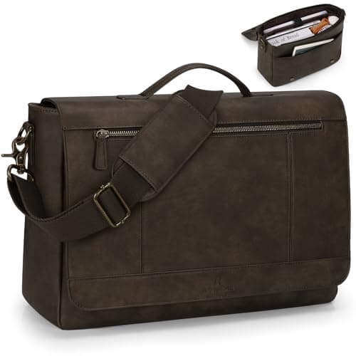 RAINSMORE Leather Messenger Bag for Men 15.6 Inch Laptop Bag Vintage Briefcase Large Computer Bag Satchel Shoulder Bag For College, Work, Business, Office, Wood