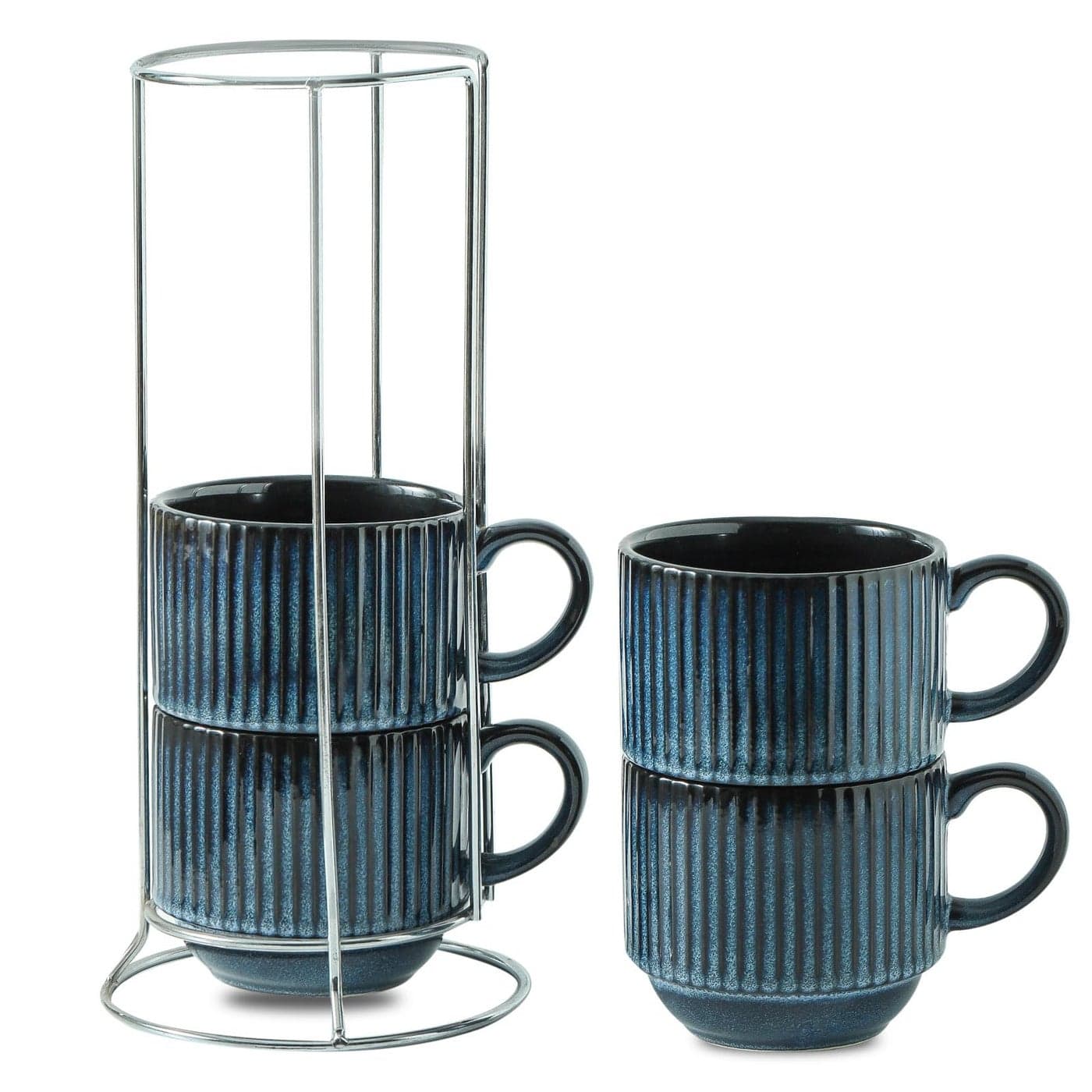 glowworm Coffee Mugs Set of 4 15 Oz Stackable Coffee Mugs with Rack Ceramic Cups for Home Office Housewarming Engagement Gifts Microwave Dishwasher Safe Navy Blue