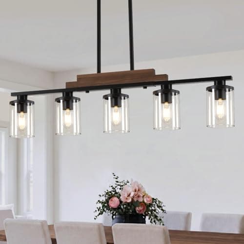 5-Light Dining Room Light Fixture Over Table, Farmhouse Kitchen Island Lighting, Linear Chandelier with Clear Glass Shades, Modern Rustic Wood Chandelier with Adjustable Height