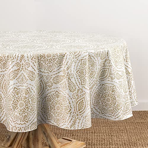 Elrene Home Fashions Savannah Boho Paisley Water- and Stain-Resistant Vinyl Tablecloth with Flannel Backing, 70 Inches X 70 Inches, Round, Taupe