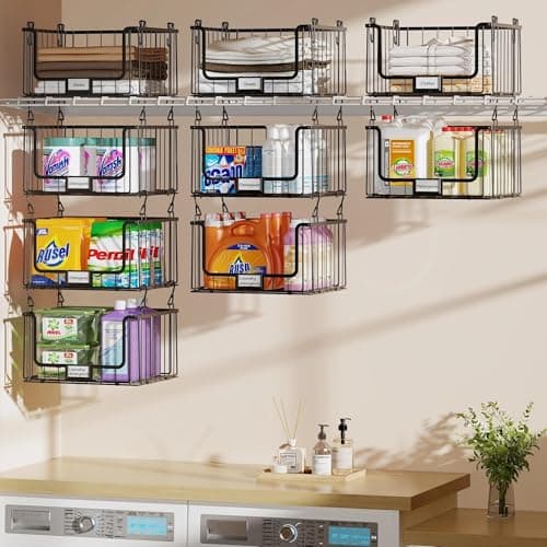 3-Pack Hanging Laundry Organizer, Stackable Wire Shelf Storage with Label Cards, Foldable Metal Baskets with 360°Rotating Hooks,Space-Saving for Laundry Room, Closet & Pantry, 11"×15" Large,Black