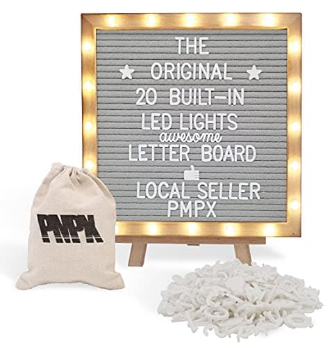 Letter Board THE ORIGINAL Gray Felt Board with Stand, Built-in LED Lights 10 x 10 -Menu Board + Wood Frame, 340 Letters, Emojis + Cursive words - Custom Sign Messages, Pregnancy Announcement, Weddings