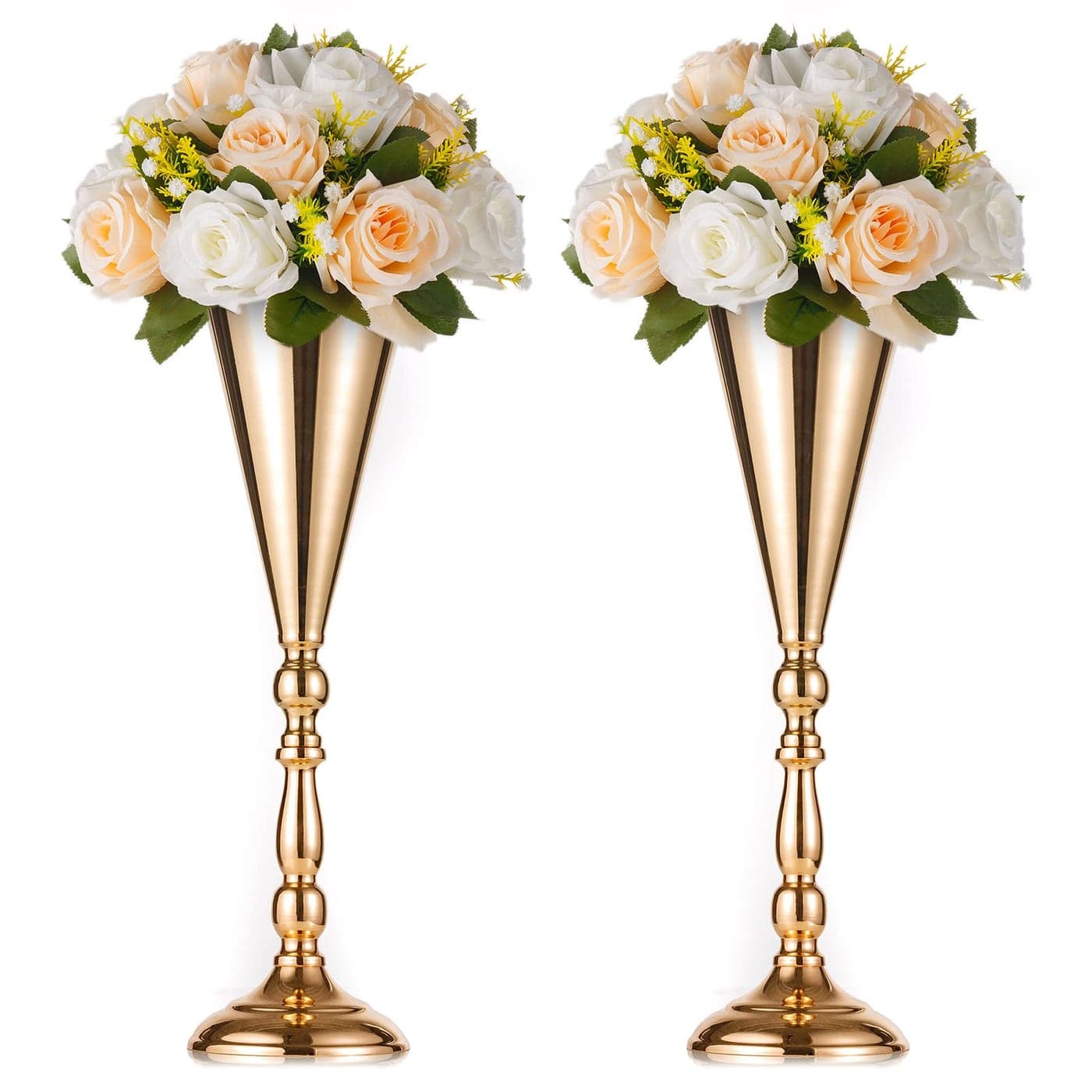 2 Pcs Tabletop Metal Wedding Flower Trumpet Vase 165 inch Tall Table Decorative Centerpiece Artificial Flower Arrangements for Anniversary Ceremony Party Birthday Event Aisle Home Decoration Gold
