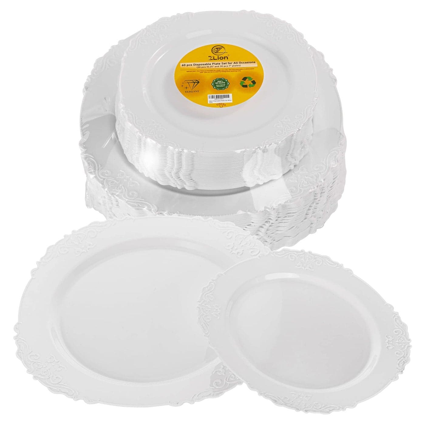 Zlion 60 Piece White Disposable Plate Set Elegant Plastic Dinnerware for Parties Weddings Birthdays Baby Showers Includes 30X 1025 inch Main Course Plates 30X 75 inch Dessert Plates