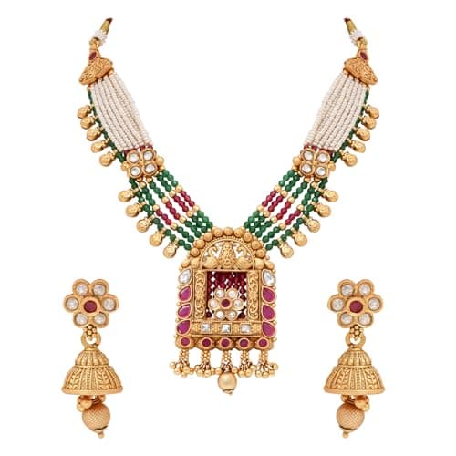 I Jewels Gold Plated Traditional Antique Brass Lakshmi Motif Pearl Necklace With Earring Jewellery Set For Women (Green)