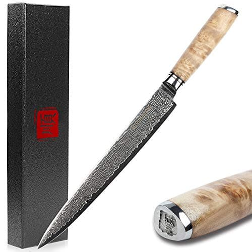YOUSUNLONG Yanagiba Sashimi Knife 10 Inch - Japanese Damascus Steel Hammered Texture & Double-Edged Blade for Sushi & Fish Slicing, Burl Wood Handle & Sheath - Gift for Chefs