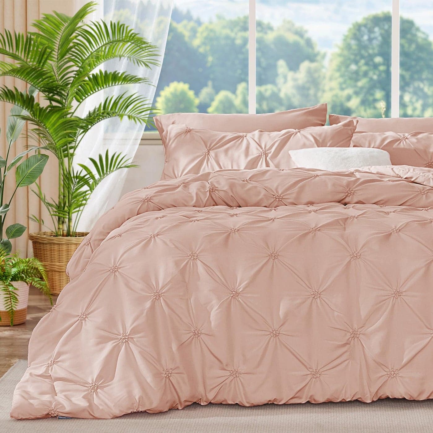 BEDELITE Dusty Pink Queen Comforter Set 3 Pieces Boho Pintuck Bedding Comforter Sets Lightweight Soft Warm Bed Comforter Queen with 2 Pillowcases for All Season