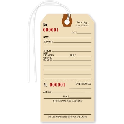 SmartSign (Pack of 100) 5.25 x 2.625 inch Numbered Repair Tags with Pre-Attached String and Stub (Size - 6), 10 Point Manila Cardstock