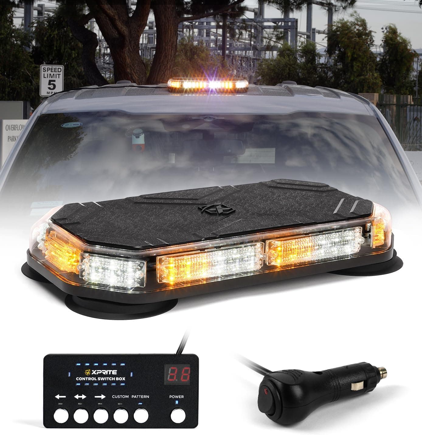 Xprite LED Strobe Light with Magnetic Mount for Emergency Traffic Warning - White Amber