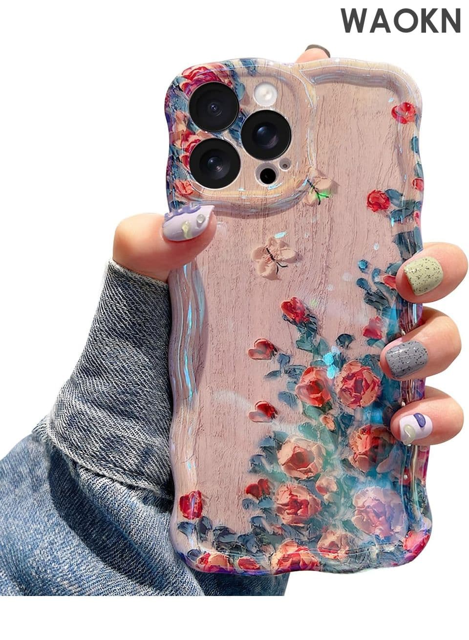 iPhone 16 Pro Max Case for Women Girls - Elegant Oil Painting Floral Design with Laser Beam Glossy Finish, Romantic Pink Flower Waves Border, Premium Soft Silicone Shockproof Protective Cover, Cute Girly Aesthetic Phone Case for Ladies, Trendy Artistic 3D Pattern Anti-Slip Grip
