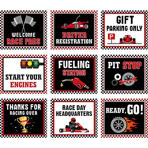 Blulu 9 Pcs Racing Car Party Decoration Supplies Race Cut Outs Bulletin Board Sign Birthday Car Paper Decor Laminated Theme with 40 Glue Point(Classic Style)