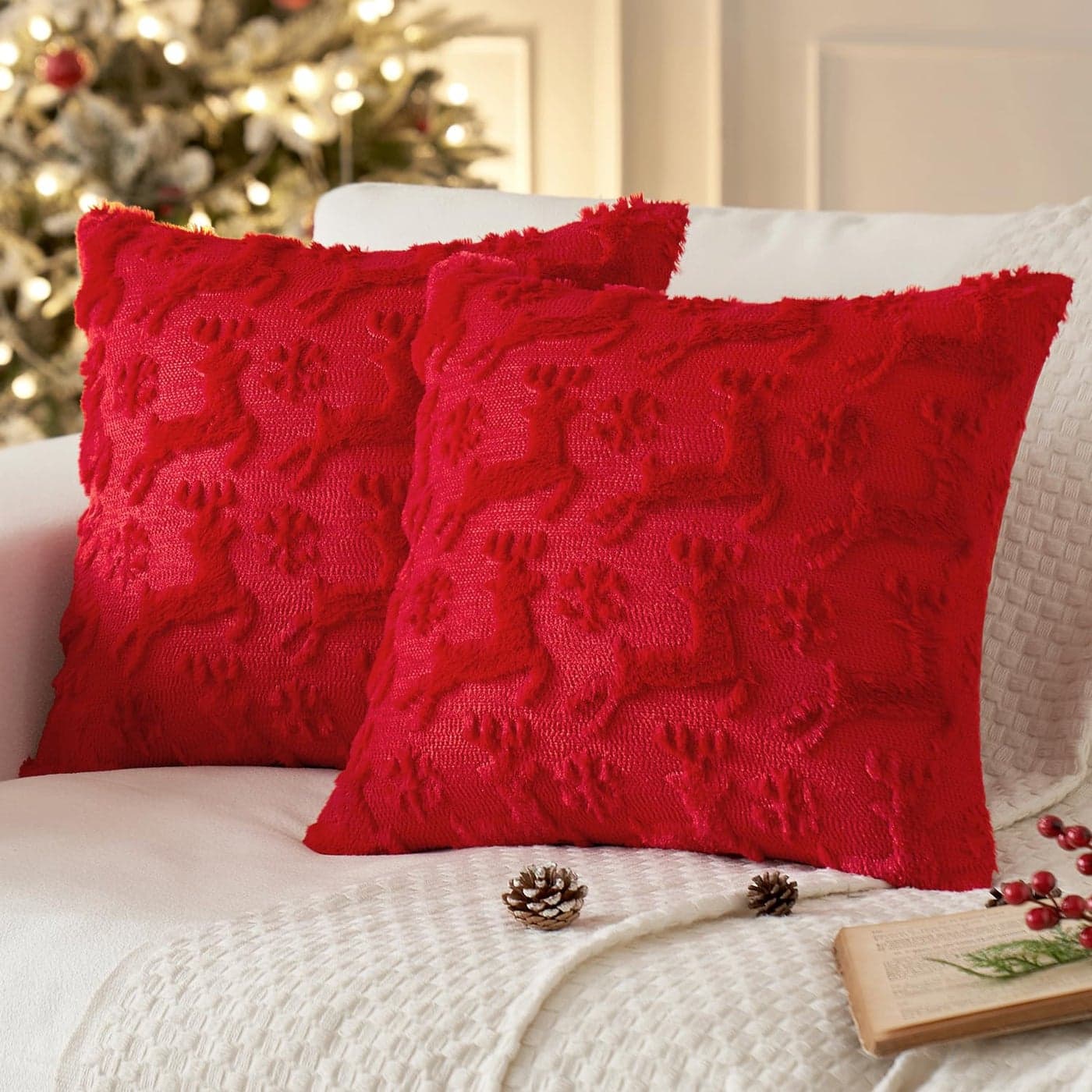 MIULEE Christmas Reindeer and Snowflakes Pillow Covers 18x18 Inch Red Throw Pillows Set of 2 Decorative Festival Soft Fluffy Winter Pillow Covers for Home Decors Couch Sofa Livingroom Bed